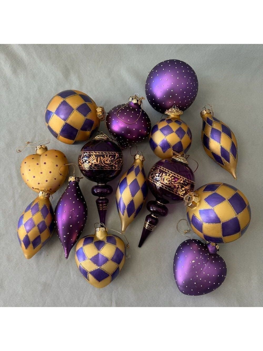 Rare Collection Purple Gold Christmas Glass Ornaments Breakable 14 Pieces
